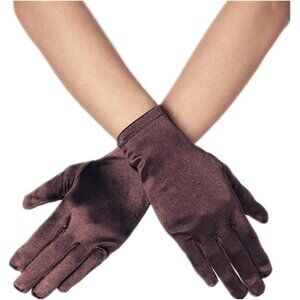Women's Brown Vintage Short Length Satin Fabric Mittens Wrist Gloves Designed